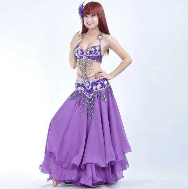 Живота Танцы Oriental Танцы костюмы Производительность 3 шт. бисера комплект(бюстгальтер, пояс, юбка) живота Танцы костюм костюмы для танца живота - Цвет: Purple