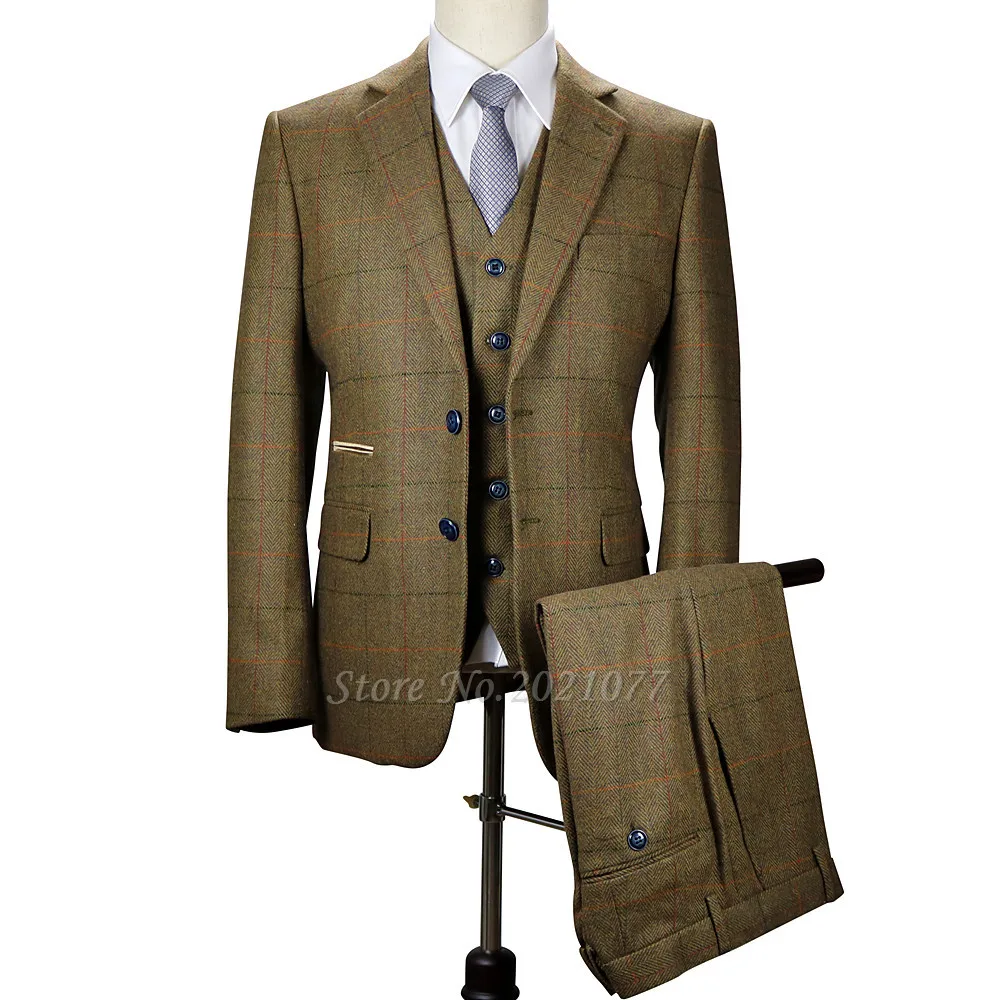 2017 Vintage Prom Mens Suit 3 Piece Wool Tweed Herringbone Checkered Wedding Suits For Men Slim 2017 Vintage Prom Mens Suit 3 Piece Wool Tweed Herringbone Checkered Wedding Suits For Men Slim