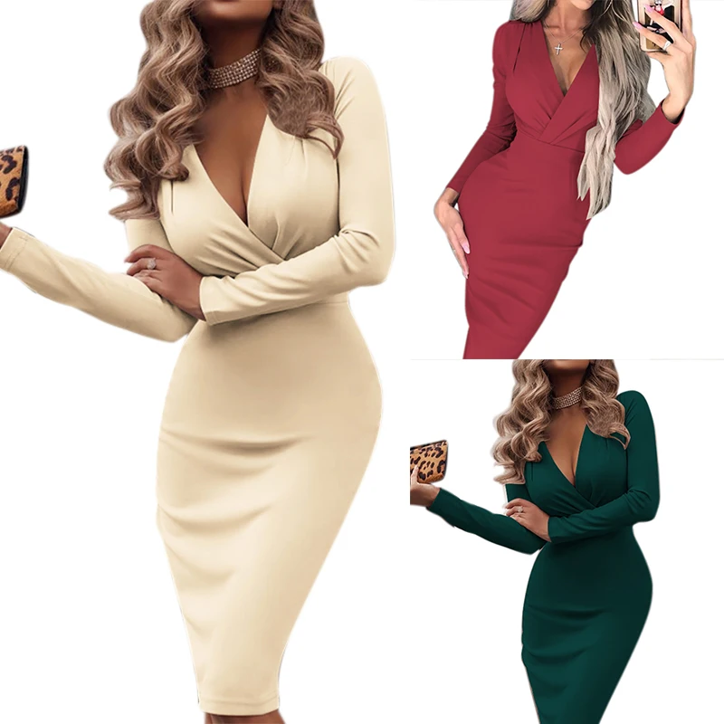 Sexy Women Dress Autumn V-Neck Slim Long Sleeve Bodycon Dress Woman Fashion Vestidos Female Lady Clubwear Evening Party Dresses