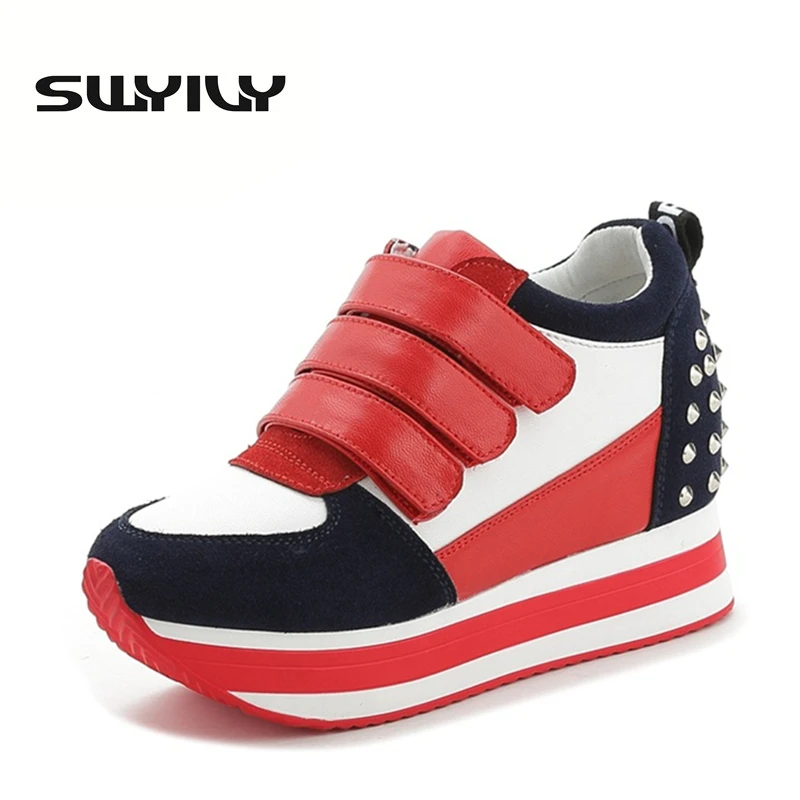 SWYIVY New Autumn 7CM Inner Height Increasing Women Walking Shoes Hook-loop Lacing Students Sneakers Rivets Single Shoes