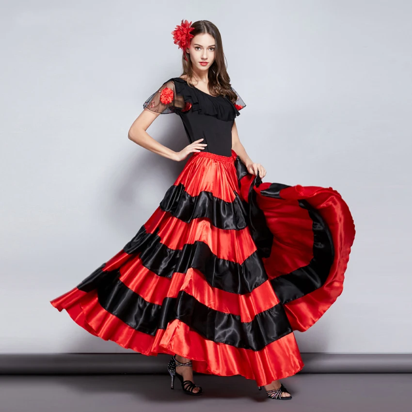 Для взрослых детей Цыганские девушки женщины испанский Фламенко юбка полосатый Атласный Шелк Большие Качели Танец живота красная юбка командное представление