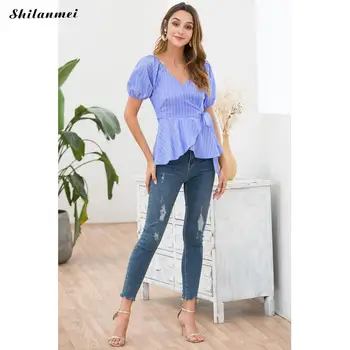 

Stripe Blue Blouse Shirt Women 2019 V Neck Summer Boho Tops Girls High Waist Puff Short Sleeve Vintage Blouses Beach with Belt