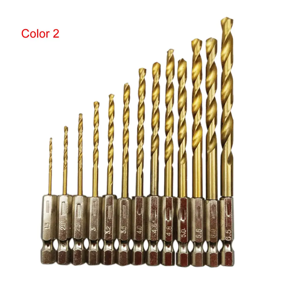 13Pcs/Set Titanium Coated HSS Titanium Coated Drill Set 1/4 Hex Shank