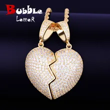 Couple Heart pendant Pendant Necklace Tennis Chain Gold Silver AAA Cubic Zirconia Men's Hip hop Rock Jewelry 5x3.5cm