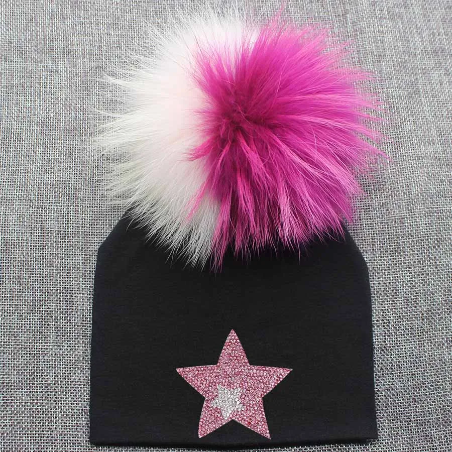 

0-2Years Girl Newborn Hat Kids PomPom Hat Star Fur Pom Pom Bobble Rhinestone Infant Toddler Fur Hats