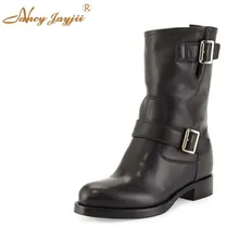 Retro Black Bupperstar Womens handmade leather Buckle Mid-Calf Shoes Low Heeled Round Toe Autumn Rubber Boots Botas Piel Mujer