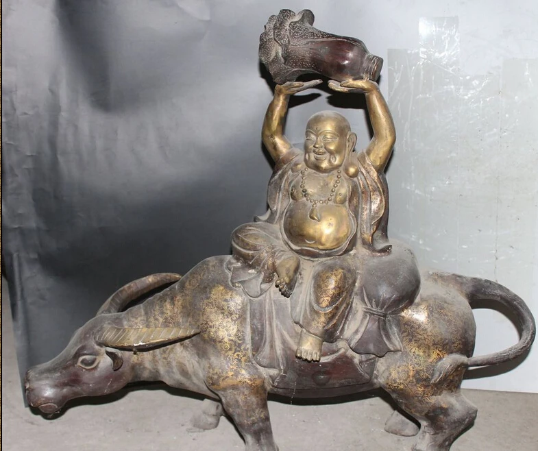 

30" Bronze Gilt Happy Laugh Maitreya Hold BaiCai Cabbage Ride Oxen Buddha Statue R0711