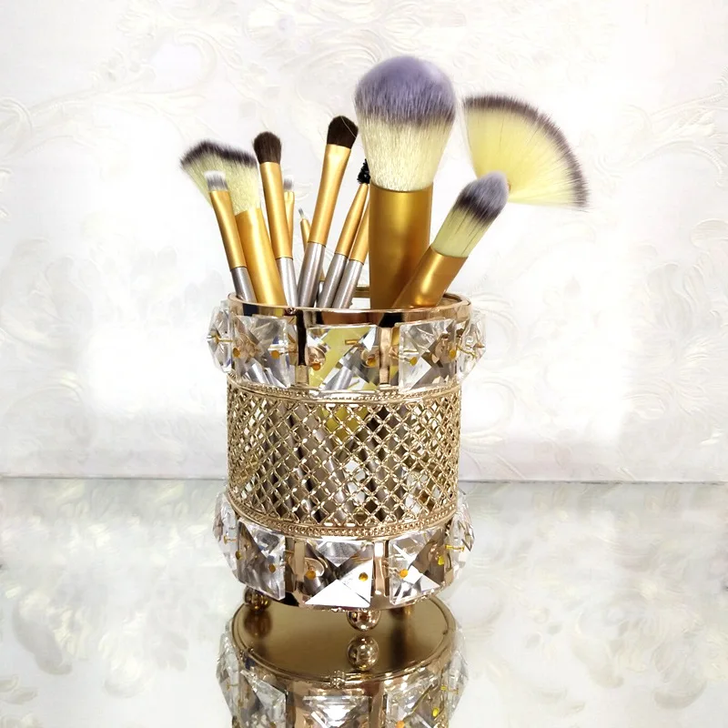 Европейский металлический Хрустальный органайзер для макияжа, косметические инструменты для хранения кистей для макияжа, настольная подставка для ручек, декоративные украшения
