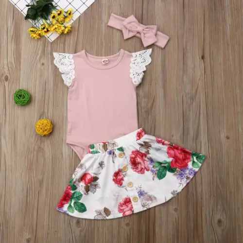 2019 Brand Newborn Baby Girl Clothes Lace Tops Romper Floral Button Skirt Headband Outfit 3Pcs Children Todderl Girls Clothing