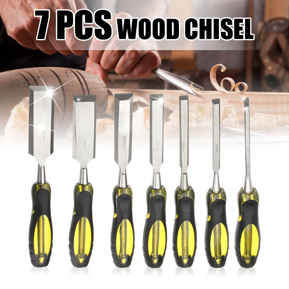 

7pcs 6/10/12/19/25/32/38mm 7pcs Woodworking Carving Chisels Wooden Handle Tool Set for Garden Woodworking Carving Wood Tools
