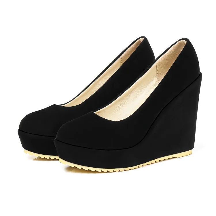 Женская обувь с круглым носком, на высоком каблуке, клинья флок, без шнуровки, весна-осень, милые, бежевые, черные, очень высокие туфли, женские туфли-лодочки - Цвет: Black