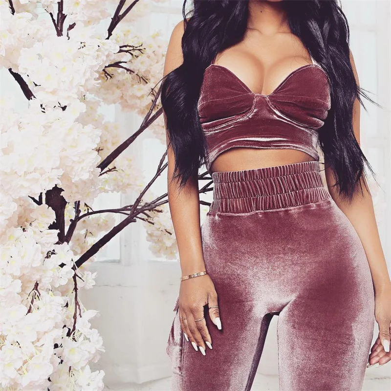 

Velvet Tracksuit Spaghetti Strap Two Piece Set Women Crop Tops And Pants Femme Casual Suits Velour 2 Piece Sweatsuit Set Outfit