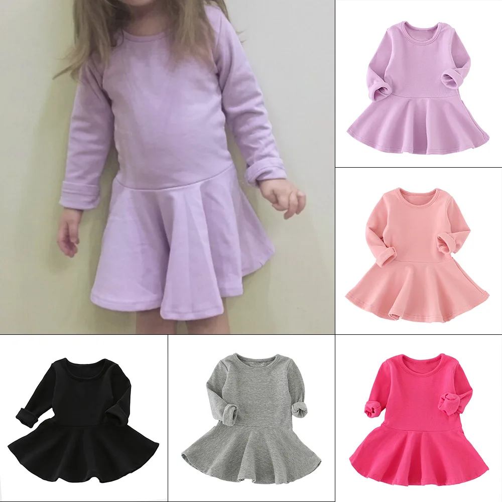 Baby Girl Solid Cotton Dress Long Sleeve Ruffles Dresses Infant Casual