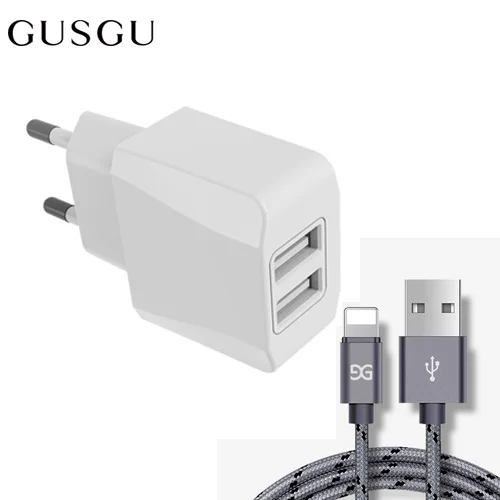 GUSGU Dual USB зарядное устройство для iPhone 7 8 6 X S Max iPad EU вилка адаптер для путешествий настенное зарядное устройство 2A зарядный кабель для Lightning 1,5 м - Тип штекера: White-Grey