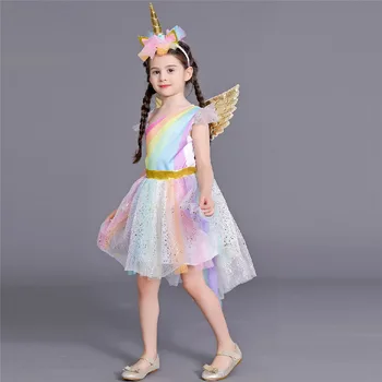 

Kids Magical Rainbow Horse Costumes 4-12Y Girls Unicorn Fancy Dress With Hair Hoop Wings Rainbow Sequined Tutu Party Dress