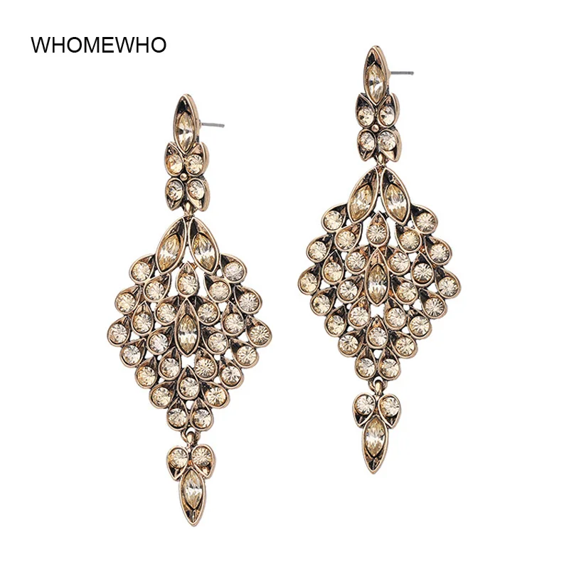 

Antique Gold Indian Champagne Marquise Stones Peacock Feather Shape Drop Earrings Fashion Bohemia Bridal Party Jewelry