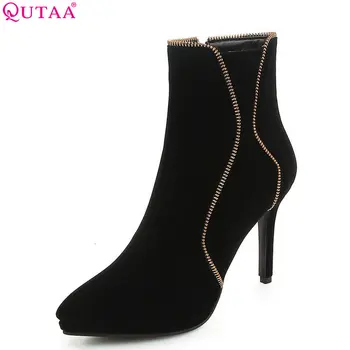 

QUTAA 2019 Women Ankle Boots Platform All Match Thin High Heel Flock Pointed Toe Winter Shoes Women Motorcycle Boots Size 34-43