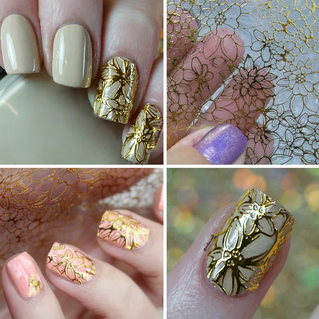 Четыре лилии 1 лист рельефные 3D наклейки для ногтей Цветущий цветок стикеры 3D на ногти Nail Art Наклейки золотые украшения для ногтей Маникюрный Инструмент - Цвет: 1 sheet