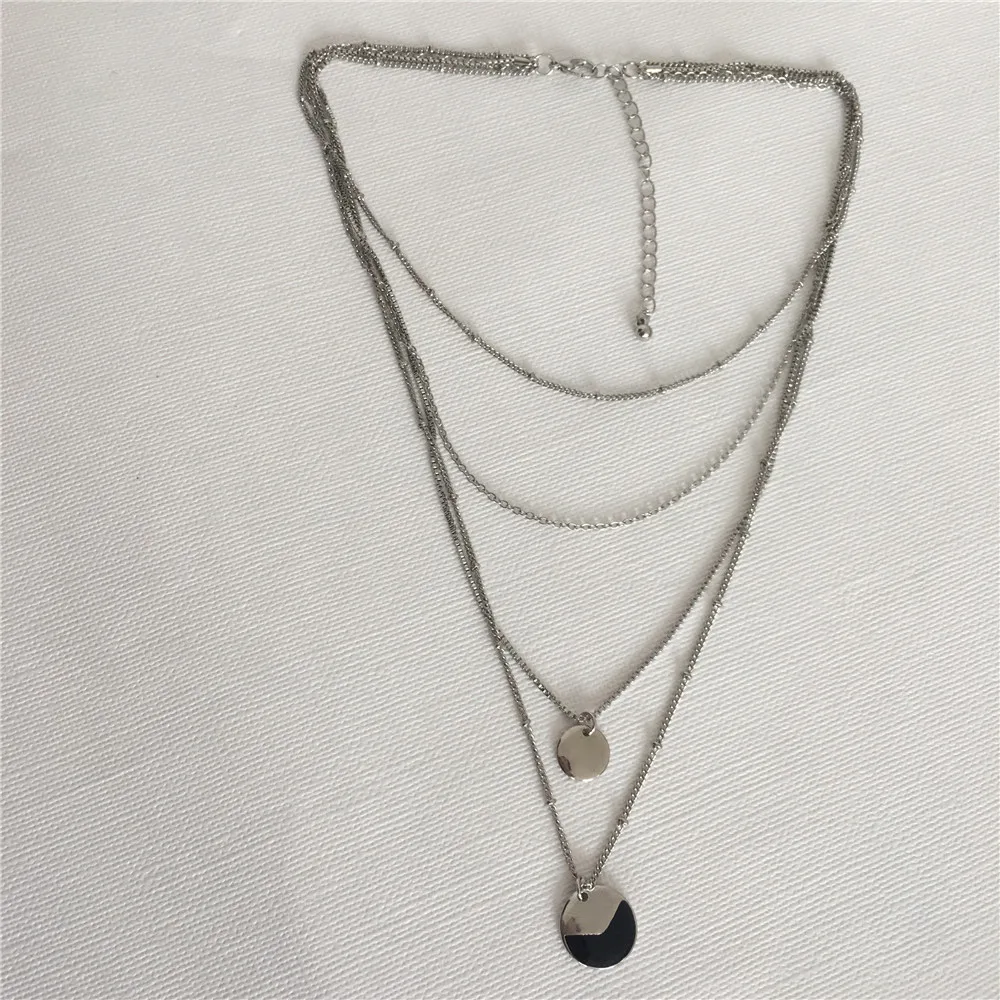 

TRENDY NECKLACE RHODIUM COLOR PLATING BLACK ENAMEL SMOOTH WAFER PENDANT LAYER NECKLACE FOR WOMEN GIRL