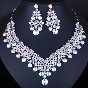 

FARLENA Multicolor Rhinestones Water Drop Necklace Earrings for Bride Fashion Indian Wedding Jewelry sets