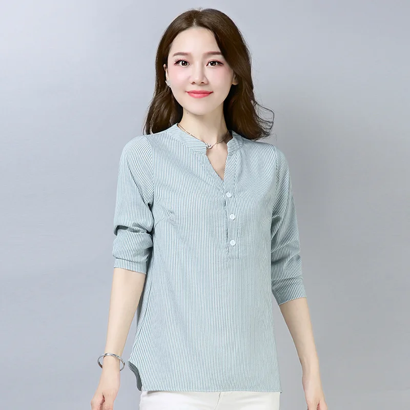 Plus Size 4XL 2019 Summer Fashion Cotton Linen Women Striped Blouse Shirts Lady For Work Long Sleeve Tops Female Clothing Blusa |