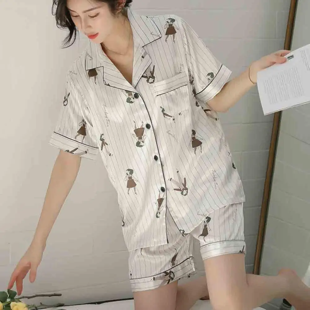 

Women Printing Pattern Simulation Silk Pajamas Sleepwear Nightwear Set