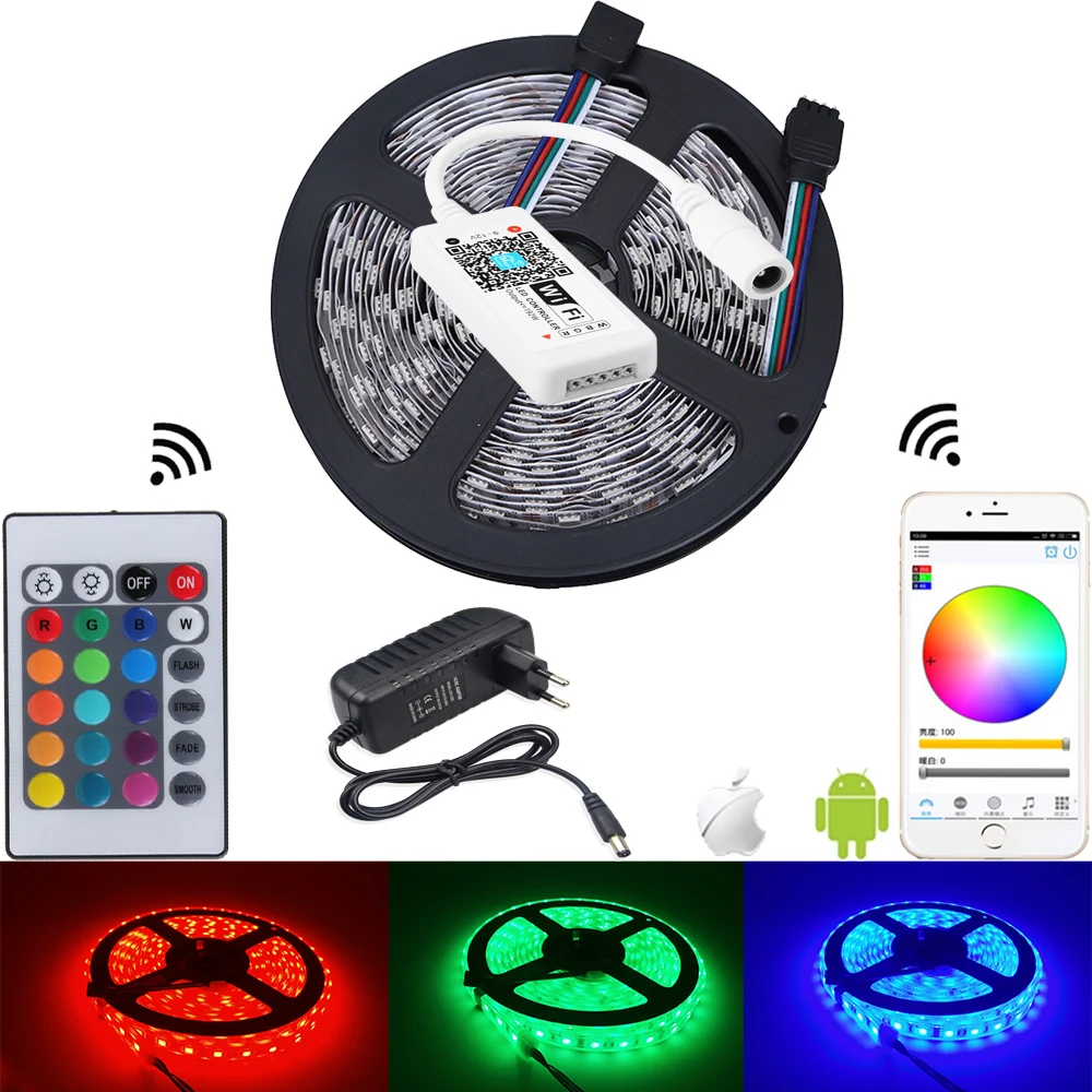 

5m RGB LED Strip 5050 waterproof colourful led light RGB tape ribbon 60led/m + 24 keys WIFI Remote controller+ 12V 3A Adapter