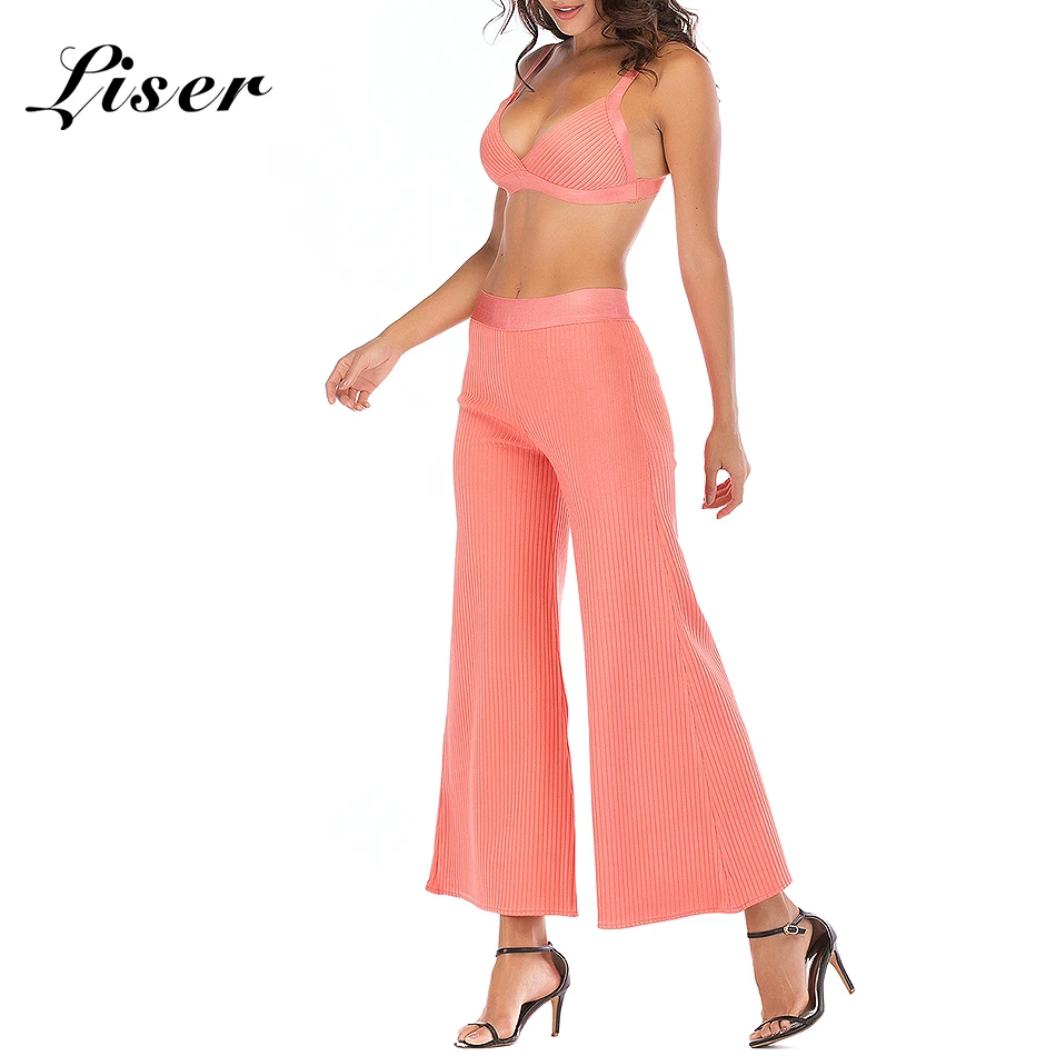 Dos As Bodycon Sexy Celebridad Mujeres Vendaje 2018 Pantalones Nuevo Piezas Partido Cuello Pierna Rosa Liser Pantalón Photo V Ancha Verano Elegante Vestidos De Yv1qWwP