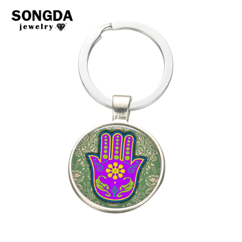 

SONGDA 2018 Classic Hamsa Fatima Hand Keychain Hippie Evil Eye Flower Shape Alloy Key Ring Statement Luck Amulet Keyring Llavero