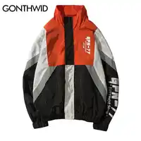 GONTHWID Vintage Color Block Jackets Men Printed Patchwork Windbreaker Jacket Coats 2019 Hip Hop Fashion Full Zip Streetwear