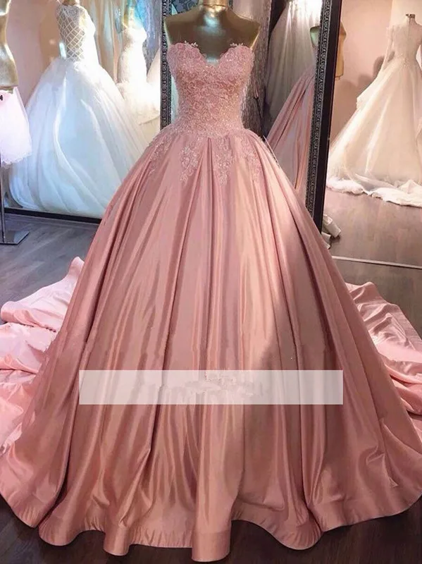 

Pink Puffy Cheap Quinceanera Dresses 2019 Ball Gown Spaghetti Straps Satin Appliques Lace Beaded Sweet 16 Dresses