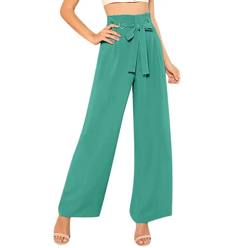 high waist pure color bandage wide leg trousers casual pants