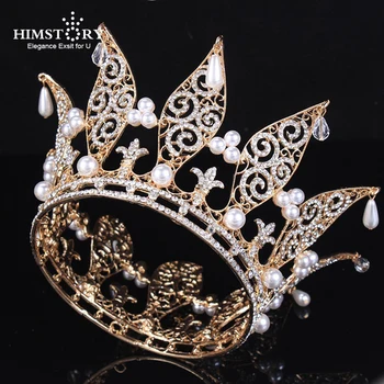 

Himstory Luxury Rhinestone Round Wedding Queen King Crown Princess Pearl Bridal Tiaras Crowns Prom Diadem Wedding Hair Jewelry