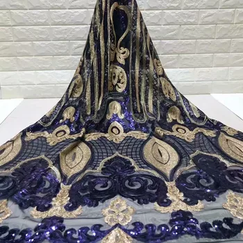 

2019 High Quality African Lace Fabric Gold , BlueFrench Net Embroidery Sequins Tulle Lace Fabric For Nigerian Party Dress