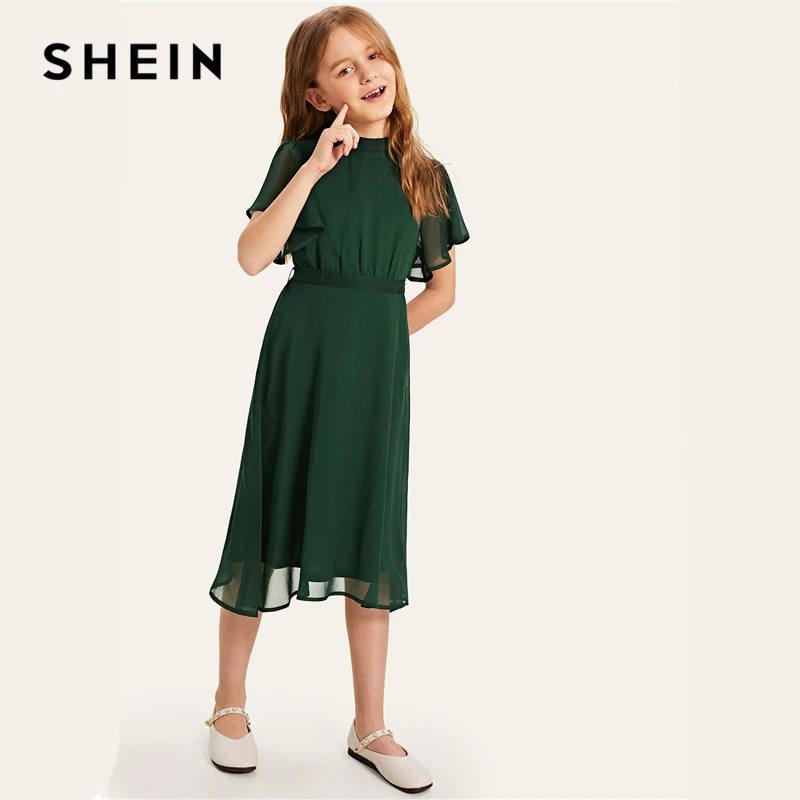 SHEIN/Детские вечерние платья зеленого цвета с разрезом на спине и поясом для девочек; коллекция года; летние платья с рукавами-бабочками; милые детские платья с расклешенными рукавами