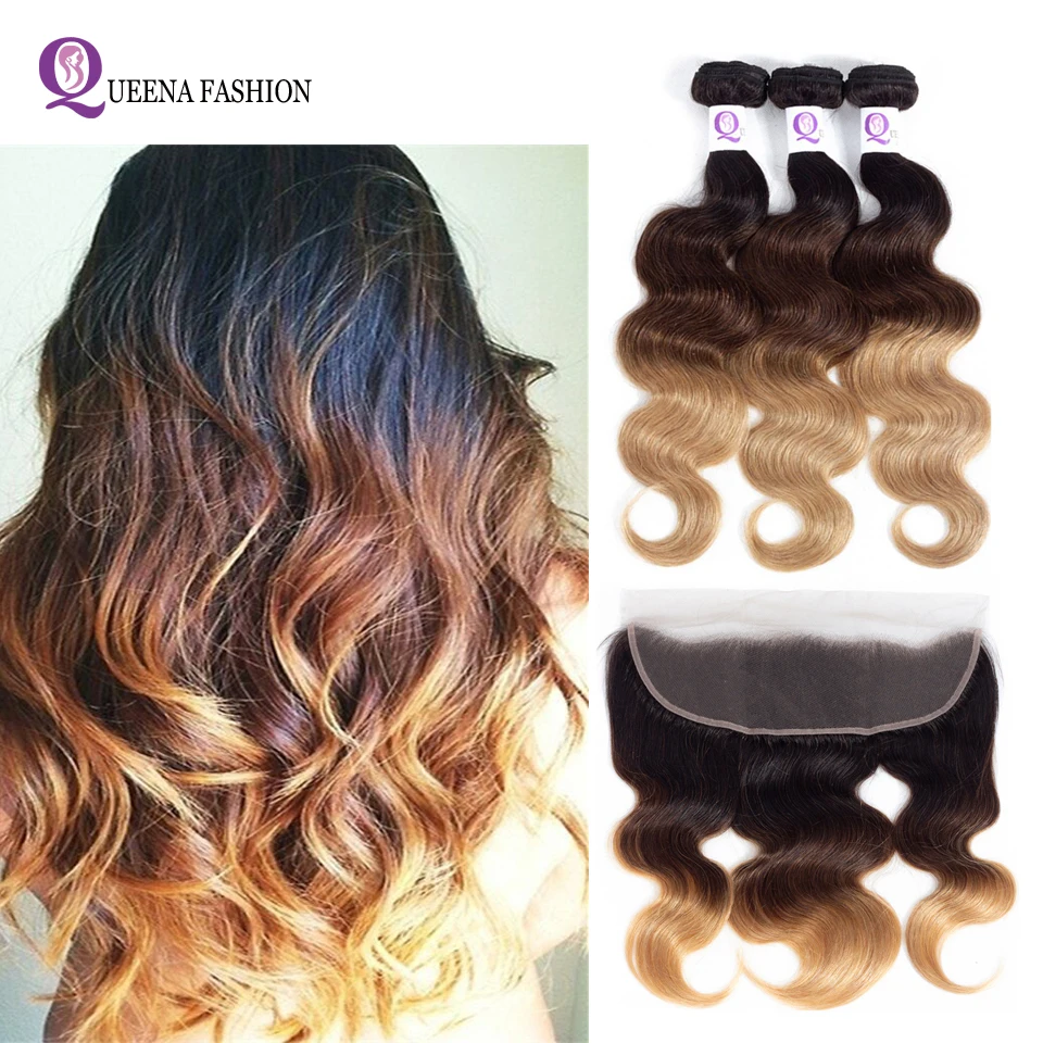 

Ombre Hair Bundles with Frontal T1b/4/27 Ear to Ear Lace Frontal Closure With Bundles 3 Bundles Brazilian Body Wave With Frontal