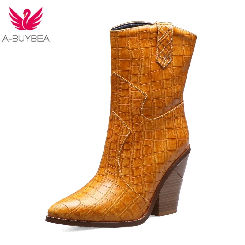 

Brand Spring Winter Ins Hot Big size 43 High Heels Women Shoes Retro Short Boots Slip-on Woman Shoes Western Mid-Calf Boots