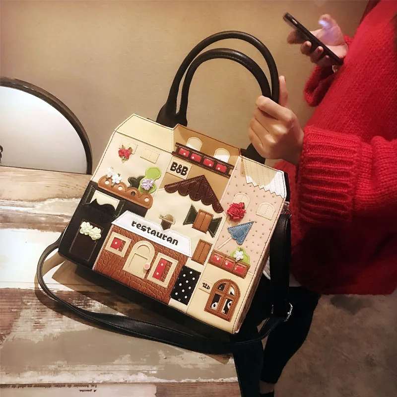 

2018 New Handbag Creative Fashion Personality Stitching Technology Color House Theme Portable Shoulder Package Perfect-Day