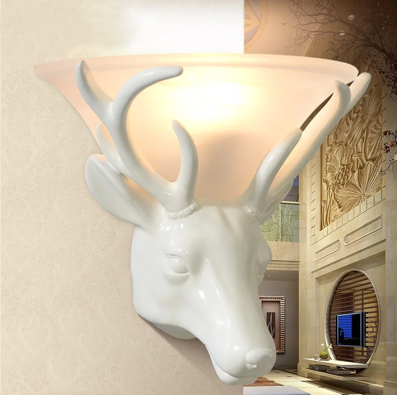 

European simple white black deer head wall lamp fashion living room bedroom hotel project lighting aisle wall light ZA911634