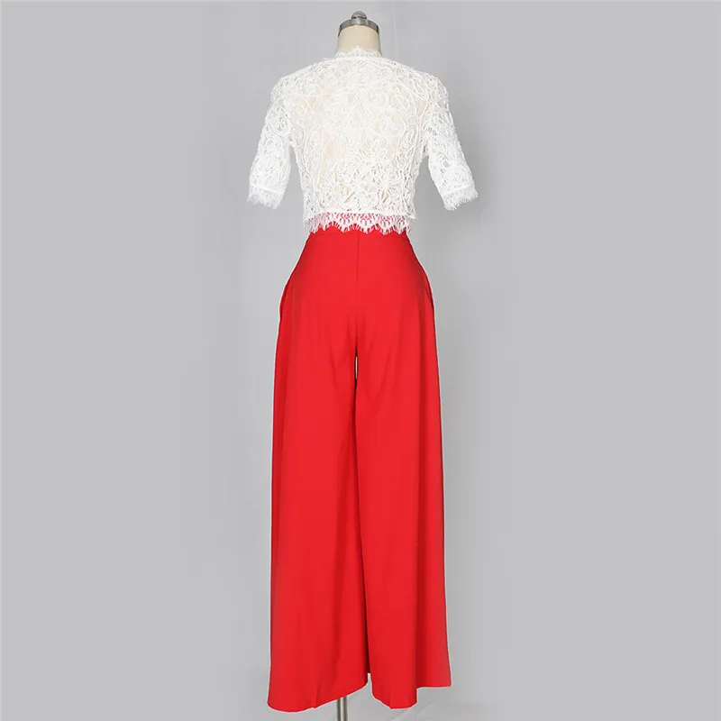 ANJAMANOR, летний женский комплект из двух предметов, модная одежда, белый кружевной топ с коротким рукавом и свободные широкие штаны, костюм, D48-AF47