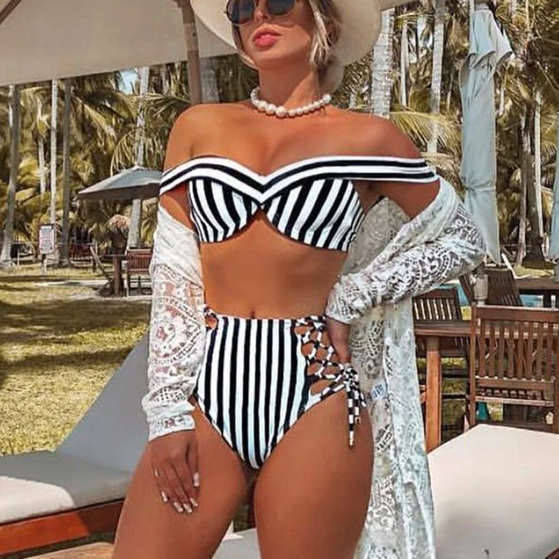 

NEW Off Shoulder Push Up Bikini High Waist Swimsuit 2019 Women Striped Swimwear Two-pieces Bikini set Female Bather Bathing Suit