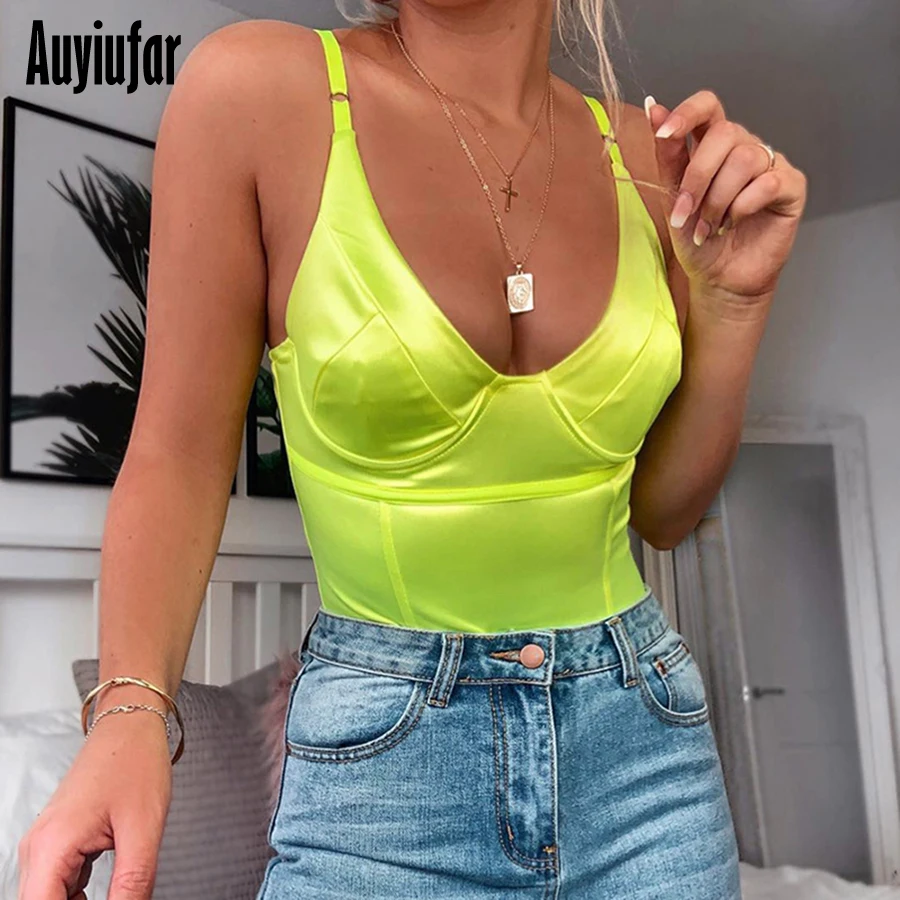 

Auyiufar Neon Green Bodysuit Bodycon for Women Streetwear V-Neck Elegant Thing 2019 Summer Black Female Summer Body Overalls