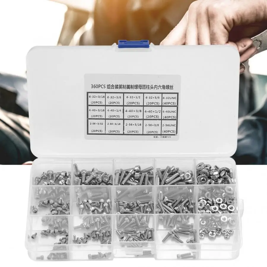 

360Pcs Stainless Steel Cap Screws Hex Socket Screws Cap Head Bolts Screw Set Assortment Kit tornillos