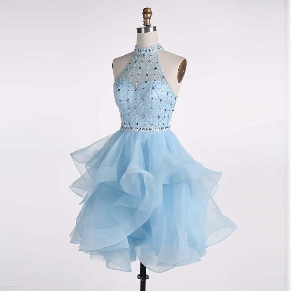Короткое синее платье для выпускного бала BeryLove, мини-юбка с высокой горловиной, бисером и оборками, выпускное платье с поясом со стразами, коктейльное платье