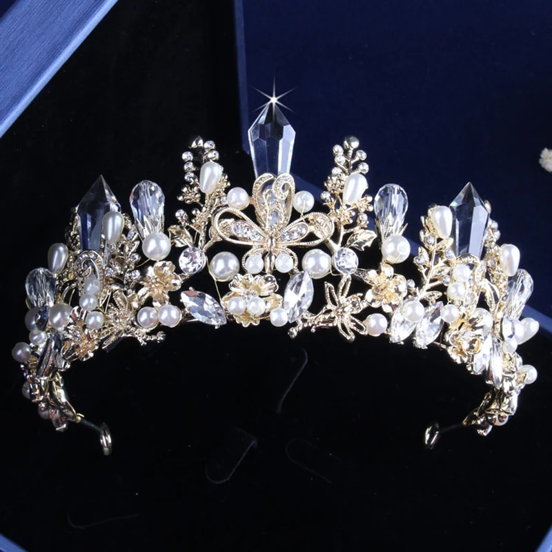 

ESERES Baroque Ice Crystal Bridal Crown and Tiara Light Gold Flower Queen Diadem For Women Wedding Hair Accessories Jewelry