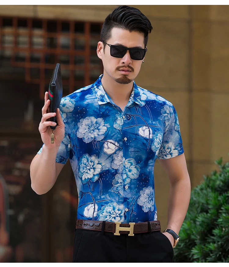 2018 модный бренд Для Мужчин's Рубашки с коротким рукавом воротник masculino рубашка Повседневное Ситец Летнее платье для Для мужчин рубашка
