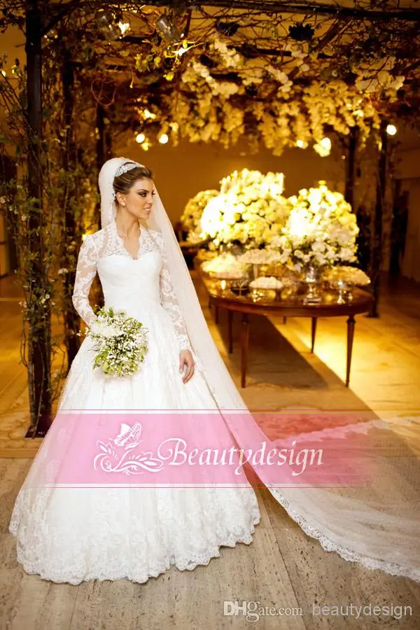 2014 New arrival full lace ivory A line wedding dresses V neck long sleeves sweep train winter 2014 bridal gowns BO3590