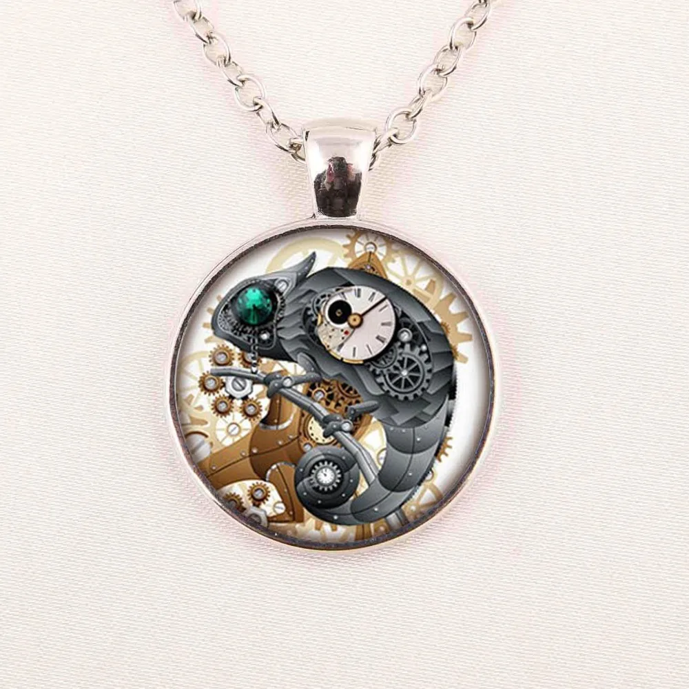 Wholesale Steampunk Clock Necklace Steampunk Cat Pendant Glass Dome