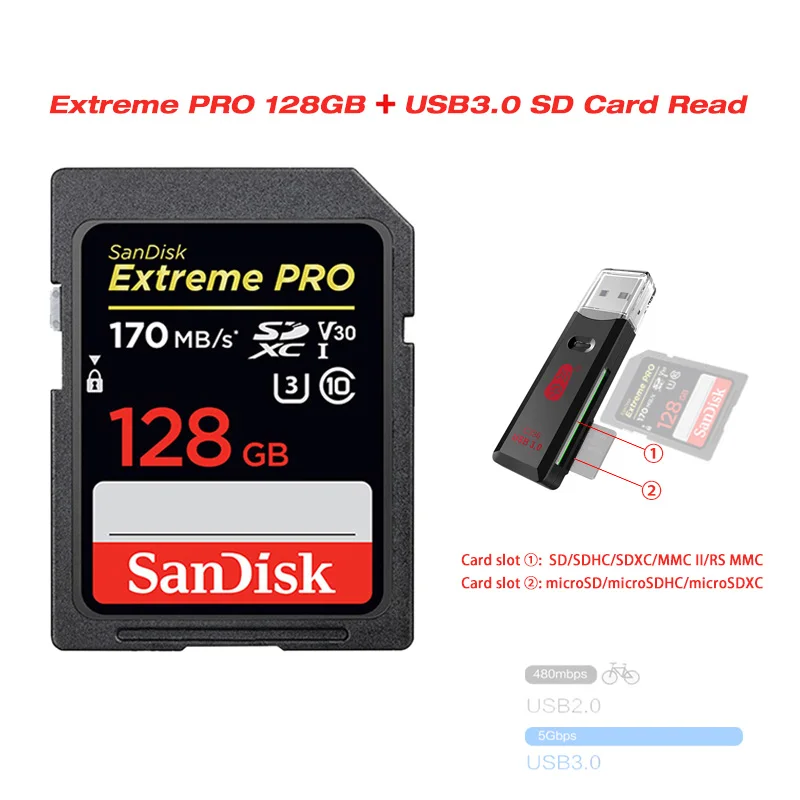 Двойной Флеш-накопитель SanDisk Extreme PRO sd карты 128 ГБ 256 SDXH до 170 МБ/с. скорость чтения cartao de memoria 64 ГБ 32 ГБ оперативной памяти, 16 Гб встроенной памяти, до 95 МБ/с. скорость чтения - Емкость: SDXXY-128G and C396