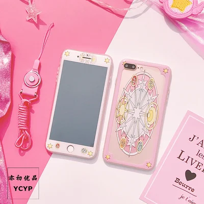 Для iphone 8 plus Розовый Жесткий Чехол+ пленка из закаленного стекла для iphone X 6 6s plus мультфильм Сакура чехол для iphone 7 plus+ ремешок - Цвет: pink
